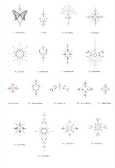 the different types of snowflakes are shown in black and white