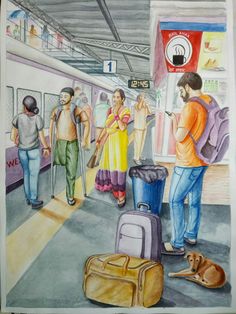 this is a painting of people waiting for the train to arrive at the subway station