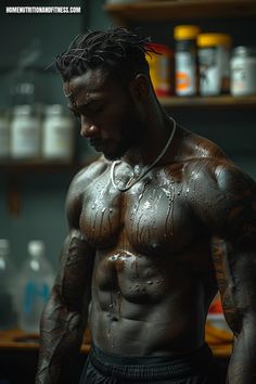 a shirtless man with tattoos and piercings on his chest standing in front of shelves