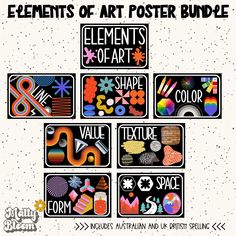 the elements of art poster bundle is shown in black and white with colorful graphics on it