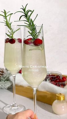 two glasses filled with white wine and garnished with rosemary