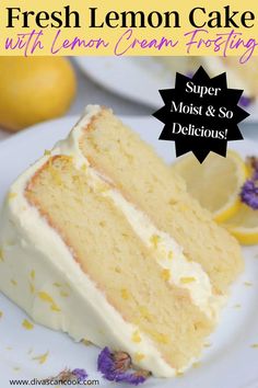 a close up of a slice of cake on a plate with lemons in the background