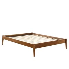 a wooden bed frame with no mattress on it