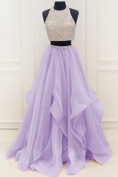 Lavander organza two pieces sequins A-line long prom dresses,simple evening dresses for teens Simple Evening Dress, Beaded Formal Dress, Halter Prom Dresses, Formal Dresses For Teens, Prom Dresses 2017, Floor Length Prom Dresses, Prom Dresses Two Piece, Burgundy Prom Dress, Prom Dresses Modest