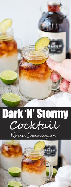 dark'n stormy cocktail with limes and ice in mason jars on a wooden table