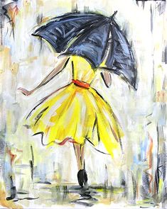 a painting of a woman walking in the rain with an umbrella