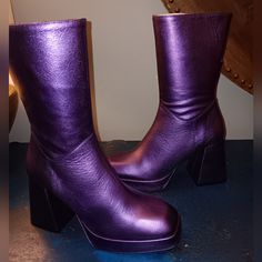 Metallic Purple Leather Ankle Boots Trendy Leather Party Boots, Retro Pointed Toe Platform Boots, Party Platform Boots In Faux Leather Medium Width, Party Platform Boots In Faux Leather, Party Platform Boots With Stacked Heel In Faux Leather, Party Boots With Padded Heel In Faux Leather, Party Faux Leather Heeled Boots With Stacked Heel, Party Square Toe Synthetic Heeled Boots, Retro Leather Party Boots