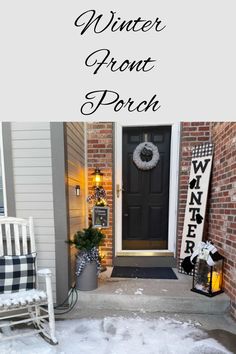 the front porch is decorated for winter with white and black decorations