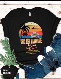 "Get ready for an epic girls' vacation with this stylish t-shirt! Featuring the empowering quote \"Girls Just Wanna Have Sun: Unforgettable Adventures with the Best Crew,\" it captures the spirit of friendship, freedom, and fun that awaits on your getaway. Whether you're lounging on the beach, exploring new destinations, or laughing together late into the night, this shirt celebrates the unbreakable bond and unstoppable energy of your girl squad. So pack your bags, embrace the sunshine, and get Girls Just Wanna Have Sun, Friend Shirt, Friends Tee, Girls Vacation, Best Friend Shirts, Group Gifts, Gift For Best Friend, Pack Your Bags, Vacation Shirts