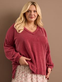 Karina Urban Ribbed Pullover in Burgundy Burgundy Ribbed Sweater For Fall, Winter Burgundy Ribbed Tops, Fall Ribbed Burgundy Sweater, Oversized Long Sleeve Burgundy Sweater, Cozy Burgundy Knit Sweater, Plus Size Fall, Plus Size Fall Outfit, Fall Fashion Outfits, Classic Elegance