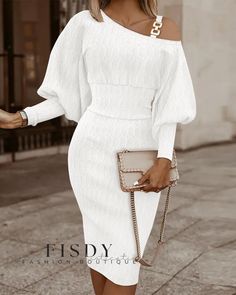 Fisdy - Vestido de textura de cable con exquisitos hombros fríos y elegantes mangas Gigot Stylish Letters, White Dress Party, Estilo Chic, Classy Casual Outfits, Elegant Dresses For Women, Round Neck Dresses, Classy Casual