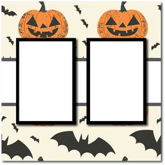 two pumpkins with bats on them are next to an empty photo frame for halloween