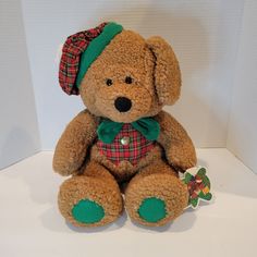 a brown teddy bear wearing a green hat and bow tie sitting in front of a white wall