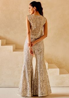 The sharara features a graceful and wide-legged silhouette, along with mirrorwork. Nyc Studio, Nehru Jackets, Western Wedding, Sleeveless Jacket, Wedding Service, Scalloped Edges, Bride Bridal, Passion For Fashion, Gowns Dresses