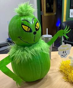 Creative Pumpkin Designs, Pumpkin Decor Contest, Troll Pumpkin Ideas, Punkin Contest Ideas, Monster Painted Pumpkins, Grinch Pumpkin Painting Ideas, Military Pumpkin Ideas, Unique Painted Pumpkin Ideas, Pumpkin Carving Grinch