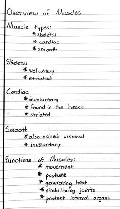 a handwritten note with the words overview of muscles and their corresponding parts on it