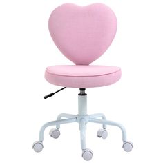 a pink heart shaped office chair with wheels on the front and back, against a white background