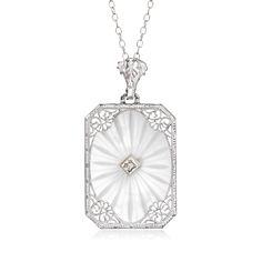 Ross-Simons - C. 1950 Vintage 8.50ct Rock Crystal Filigree Pendant Necklace, Diamond Accent. 16.5". C. 1950. Presented by our Estate collection, this alluring Retro-era pendant necklace will enhance the elegance of any formal ensemble. A translucent 8.50 carat rectangular rock crystal acts as the backdrop to fanciful filigree detailing and a sparkling diamond accent. Crafted in 14kt white gold. Suspends from a cable chain. Springring clasp, rock crystal filigree pendant necklace. Exclusive, one- Antique White Gold Diamond Necklace With Accents, Antique Round Necklace With Diamond Accents, Antique White Gold Pendant Necklace, Antique Pendant Diamond Necklace For Formal Events, Antique Pendant Diamond Necklace For Formal Occasions, Antique Diamond Necklace With Accents, Antique Pendant Diamond Necklace For Wedding, Art Deco Diamond White Necklace For Formal Occasions, Antique Diamond Pendant Necklace For Formal Occasions