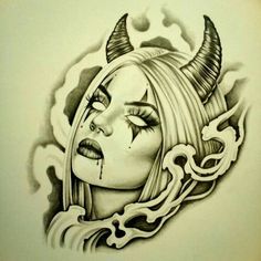 a drawing of a woman with horns on her head and an evil face in the background