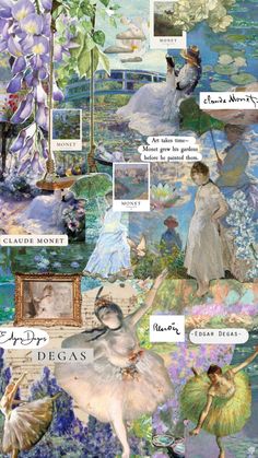 a collage of paintings and pictures with words written in different languages, including an image of