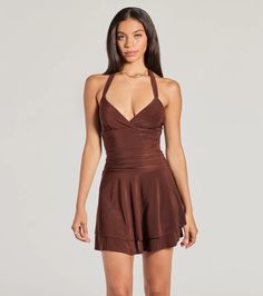 Sassy Style Ruched Knit Halter Skater Dress Halter Hoco Dress, Fit And Flare Mini Dress, Cheap Flowy Brown Mini Dress, Brown Silk Mini Dress, Brown Dresses, Brown Solid Color Mini Dress, Casual Brown Halter Neck Mini Dress, Plum Mini Dress, Flirty Fitted Brown Mini Dress