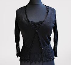 "Black knitted crochet top vintage jacket cardigan blouse 2 pieces women gift for her Size 14/42 Condition - vintage good Viskose Crochet and knitting Measurements: Jacket shoulders- 41 cm (16.14\") Jacket Bust - 49 cm *2 (19.3\" * 2) Jacket length - 57 cm (22.4\") Top bust- 46 cm *2 (18.11\" * 2) Top length - 60 cm (23.6\") Label: Dorothy Perkins Thank you for visit my retro shop :)" Fitted Crochet Top For Layering, Handmade Fitted Long Sleeve Crochet Top, Elegant Fitted Open Knit Cardigan, Fitted Crochet Lace Top For Layering, Fitted Crochet Lace Cardigan For Fall, Fitted Hand Knitted Crochet Top For Winter, Elegant Crochet Top Fitted For Layering, Vintage Fitted Open Knit Crochet Top, Fitted Long Sleeve Cardigan With Crochet Lace