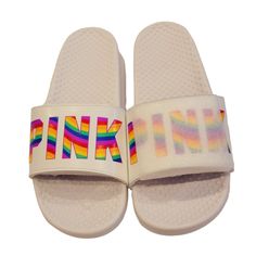 Nwot Vs Pink Rainbow Pride Slides Sandals Large 9/10 - White With Rainbow Pride Logo New, Never Worn!! Bottom Soles Marked. Pride Logo, Victoria Secret Shoes, Logo New, Pink Rainbow, Slides Sandals, Rainbow Pride, Vs Pink, Color Purple, Women's Shoes Sandals