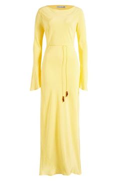 Luxurious silk crepe skims your silhouette in this gorgeous maxi framed by fluted long sleeves and detailed with a slender matching tie belt. 60" length (size Small) Slips on over head Bateau neck Long sleeves Removable tie belt Unlined 100% silk Dry clean or hand wash, dry flat Imported Yellow Long Sleeve Maxi Dress For Formal Occasions, Formal Yellow Maxi Dress With Long Sleeves, Belted Long Sleeve Maxi Dress, Long Sleeve Belted Maxi Dress, Yellow Long Sleeve Maxi Dress For Evening, Fitted Maxi Dress With Tie Waist For Daywear, Fitted Long Sleeve Belted Maxi Dress, Luxury Long Sleeve Cream Maxi Dress, Luxury Long Sleeve Bias Cut Dress