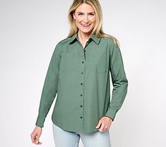 Meet the workhorse of your wardrobe. Button up this big shirt and bring on fall walks in the crisp air, farmer's market runs, WFH meetings, and relaxing PSLs on the patio. Unbuttoned and paired with a tank, it's the perfect transitional twosome. From Denim & Co.® Fashions. Big Shirt, Crisp Air, Farmer's Market, Collared Shirt, Collar Shirts, Shirt Blouses, Button Up, Top Blouse, Patio