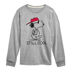 Max out his casual style with this boys' Peanuts Snoopy Still Cool Long Sleeve Long Sleeve Graphic Tee. FEATURES Imported Crewneck Long sleevesFABRIC & CARE Solid colors: cotton; Heather colors: cotton, polyester Machine wash Size: Medium. Color: Med Grey. Gender: male. Age Group: kids. Material: Polyester|Cotton. Retro Skater, Long Sleeve Graphic Tee, Kids Clothes Boys, Peanuts Snoopy, Top Graphic Tees, Boys Long Sleeve, Tee Shop, Heather Gray, Boy's Clothing