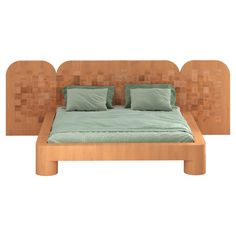 a bed that has some pillows on it and is made out of wood with green sheets