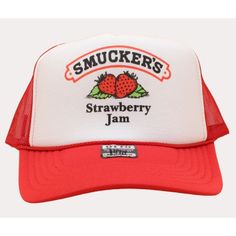 Smuckers Trucker Hat Baseball Strawberry Jam Hat Color - White / Red Vintage Style Cap Features: 100% Polyester Front 100% Nylon Mesh Back 5-Panel Cap Seamless Foam Front Panel With Lining 8 Rows Stitching On Visor Matching Fabric Under Visor Adjustable Plastic Snap Red Retro Trucker Hat With Short Brim, Red Trucker Hat With Short Brim For Streetwear, Red Short Brim Trucker Hat For Streetwear, Retro Red Adjustable Snapback Hat, Custom New Era Hats, New York Cap, Dodger Hats, Louis Vuitton Hat, Baseball Snapback