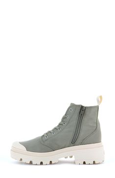 A tonal logo patch accentuates the sporty style of a high-top–inspired bootie set on a sturdy lugged sole. Lace-up style; inside zip closure Textile upper and lining/rubber sole Imported Women's Shoes Palladium Pallashock, Palladium Boots Pampa, Sporty Style, Up Styles, Bootie, High Top, Patch Logo, Hiking Boots, Women's Shoes