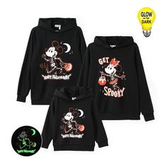 Get into the festive spirit with our Disney Mickey Mouse and Minnie Kids Glow In The Dark Pattern Sweatshirt Halloween Pumpkin Family Set. Perfect for creating a fun and spooky atmosphere, this hooded sweatshirt features a glow-in-the-dark design with bones and pumpkin lanterns. Ideal for Halloween and Christmas celebrations, this sweatshirt ensures your family stands out at any gathering, embracing both the holiday and family spirit. Size: Kids:8-9T.  Color: Black.  Gender: female.  Pattern: gr Disneyland Halloween Party, Pumpkin Lanterns, Disney Surprise, Pumpkin Family, Dark Pattern, Pumpkin Graphic, Dark Halloween, Disneyland Halloween, Dark Design