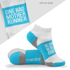 two pairs of socks with the words, one bad mother runner on them and another pair of