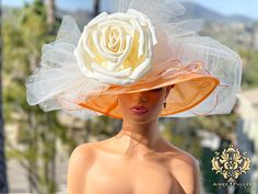 PERFECT for race-season fashion AND so much more!  Who has a CRUSH on THIS? Incredibly show-stopping, yet completely feminine. Brilliant orange swirl hat! Looks like some sort of beautiful dessert! Loads of rich tulle offset by pretty over-sized rose. This hat can be worn various ways; with the flower to the diagonal or to the sides, as well as to the front.  We have photographed it (mostly) from the front to show details, but the choice is yours. The tulle can be arranged in various ways as well; puffed or minimalized. Looks elegant and beautiful from all angles. Also available in orange and pink. Perfect for Derby, Gala, Prom, Weddings, Bridal, Cocktail, High Tea, Church  *FREE SHIPPING Handmade by Aimee Fuller in Southern California Aimee Fuller has been a trusted online seller since 19 Derby Gala, Swirl Hat, Church Suits And Hats, Tea Hats, Easter Hat, Rose Hat, Royal Ascot Hats, Church Hat, Ladies Who Lunch