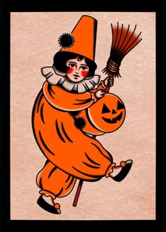 a drawing of a person in an orange costume holding a broom