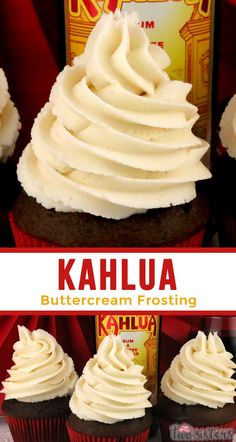 there are four cupcakes with white frosting on the top and one has a box of kahlua in the background