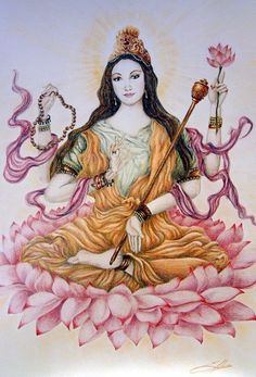 a painting of a woman sitting on top of a lotus with a wand in her hand