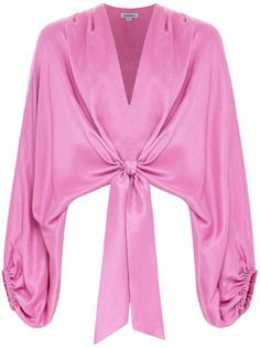 bubblegum pink silk twist detailing cropped V-neck front tie fastening long puff sleeves elasticated cuffs Midi Gowns, Statement Sleeves, Draped Top, Long Puff Sleeves, Bubblegum Pink, Pink Blouse, High Point, Pink Silk, Balloon Sleeves