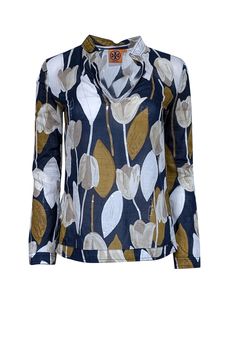 Current Boutique-Tory Burch - Navy, Mustard, Taupe, & Ivory Tulip Print Sequin Embellished Top Sz 6 Floral Print Tunic Tops For Fall, Chic Floral Print Tunic Top, Chic Printed Tunic Tops, Chic Fall Tunic Top, Chic Tunic Top For Fall, Sequin Embellished Top, Tunic Style Tops, Tulip Print, Stunning Tops