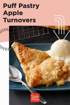 an advertisement for puff pastry turnoverers on a blue plate with scoops of ice cream