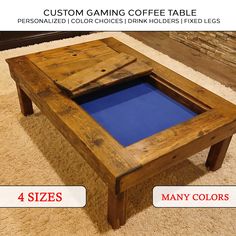 a coffee table made out of wood with blue glass in the center and four sizes below