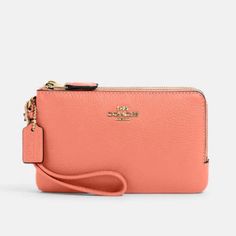 Coach Double Corner Zip Wristlet In Gold & Light Coral Refined Pebble Leather Two Credit Card Slots Double Zip Closure Fabric Lining Attached Wrist Strap Style No 6649 New, In Packaging Coach Everyday Bags With Wrist Strap, Everyday Coach Bags With Wrist Strap, Handheld Wristlet For Everyday Use, Rectangular Wristlet For Everyday Use, Coach Bags With Wrist Strap And Rectangular Shape, Coach Wristlet With Zipper Pouch For Travel, Zipper Pouch Wristlet, Handheld Zipper Pouch, Coach Pouch Wristlet For Travel