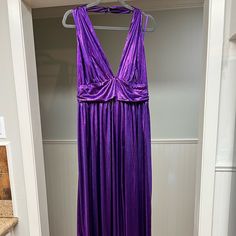 Silky Purple Long V-Neck Dress Halter Top Open Back Nwt Eva Mendes Collection Purple V-neck Maxi Dress For Date Night, Purple V-neck Maxi Dress For Night Out, Slinky Black Dress, Goddess Maxi Dress, Eva Mendes Collection, Grey Floral Dress, Green Long Sleeve Dress, Tie Waist Maxi Dress, Denim Jumper Dress