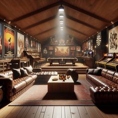 Immerse in this cozy man cave with ambient lighting, plush leather furniture, and an advanced home theater system. The room's vintage decor features rock and sports legends, a handmade pool table, an arcade machine, a fully-stocked rustic bar, and a pro dartboard. Indulge in the aroma of hardwood, leather, and a hint of beer. #MancaveDesign #HomeTheater #VintageDecor #GameRoom #BarSetup #DartboardSetup Sports Bar Furniture, Game And Theater Room, Man Cave Aesthetic, Cozy Man Cave, Cool Man Cave Ideas, Clubhouse Interior, Back Bar Design, Attic Man Cave, Industrial Man Cave