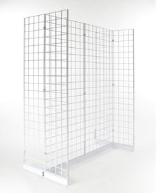 a white room divider with metal grids on the sides