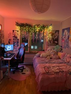 a bedroom decorated with hello kitty decorations and lights