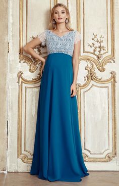 Our Eleanor full length blue-green maternity gown is a magical dress for any occasion. From the luxurious lace bodice in pale aqua tones to the dramatic draping panelled skirt with concealed back zip in Kingfisher blue, it is a truly exquisite dress to wear. For a hint of vintage drama, the capped sleeves are finished with pretty eyelash details and soft crossover shoulders with a shallow v neckline both front and back, darted below the bust for a neat fit. Pair with crystals, diamonds or pearls Blue Lace Bodice Ball Gown, Blue Ball Gown With Lace Bodice, Blue Lace Evening Dress With Fitted Bodice, Floor-length Gown With Lace Sleeves And Fitted Bodice, Formal Empire Waist Dress With Lace Bodice, Blue Gown With Lined And Fitted Bodice, Blue Lace Evening Dress With Lace Bodice, Blue Lace Gown With Sweep Train, Fitted Lace Bodice Maxi Gown