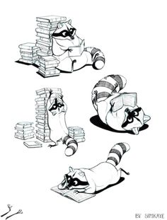 some cartoon characters laying on their stomachs and holding onto stacks of papers with one hand